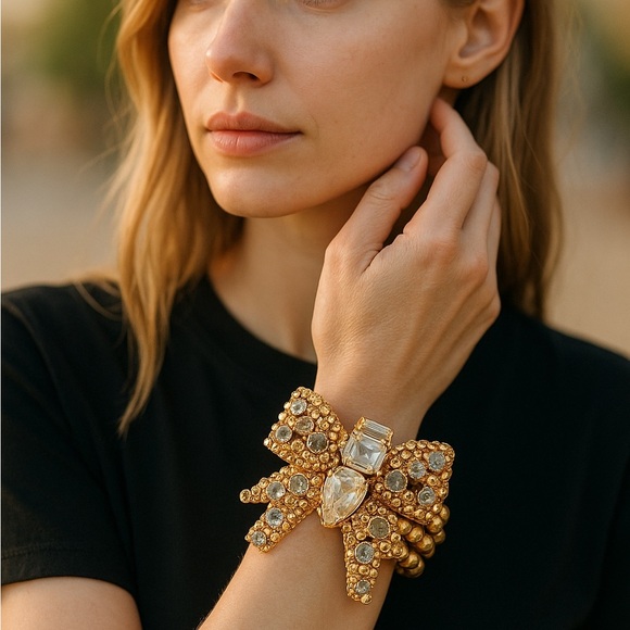 Miu Miu Gold Crystal Beaded Bow Bracelet - Picture 2 of 8